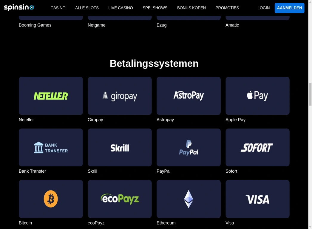 Spinsino Betaalmethoden - iDEAL, Visa, Neteller