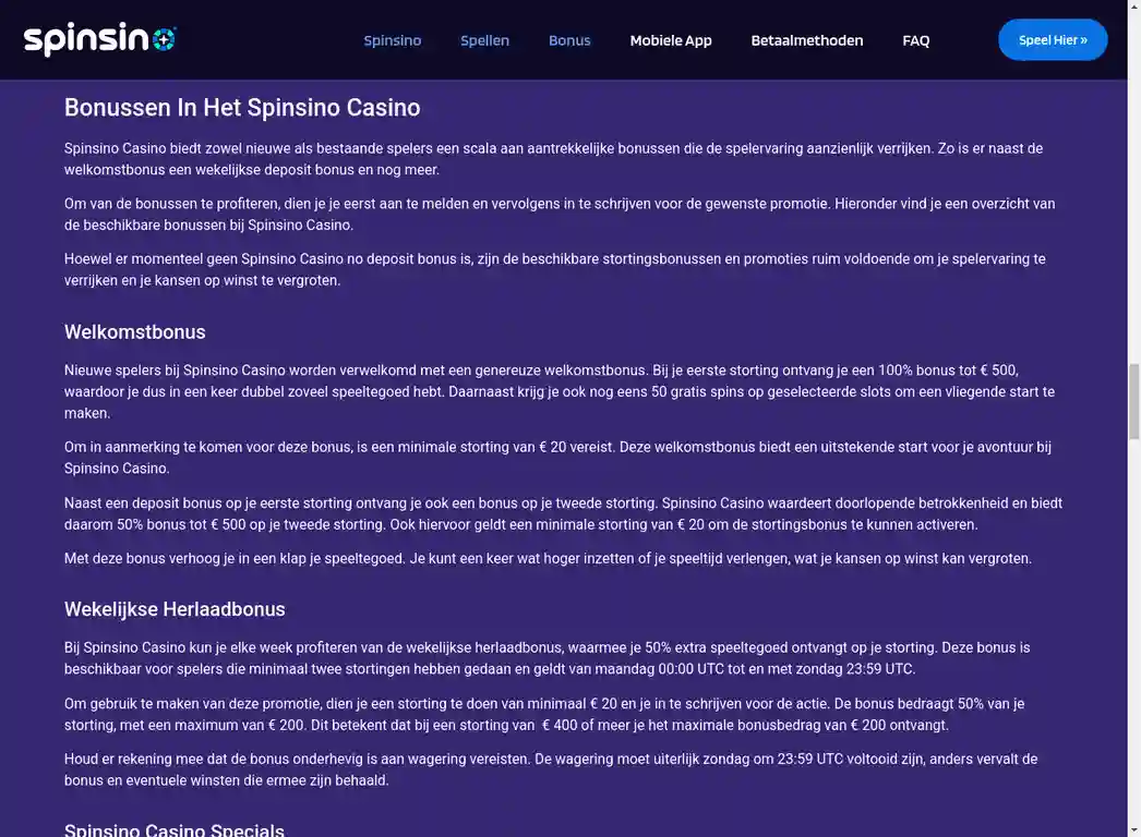 Spinsino Casino €500 Welkomstbonus met Promocode SPIN500